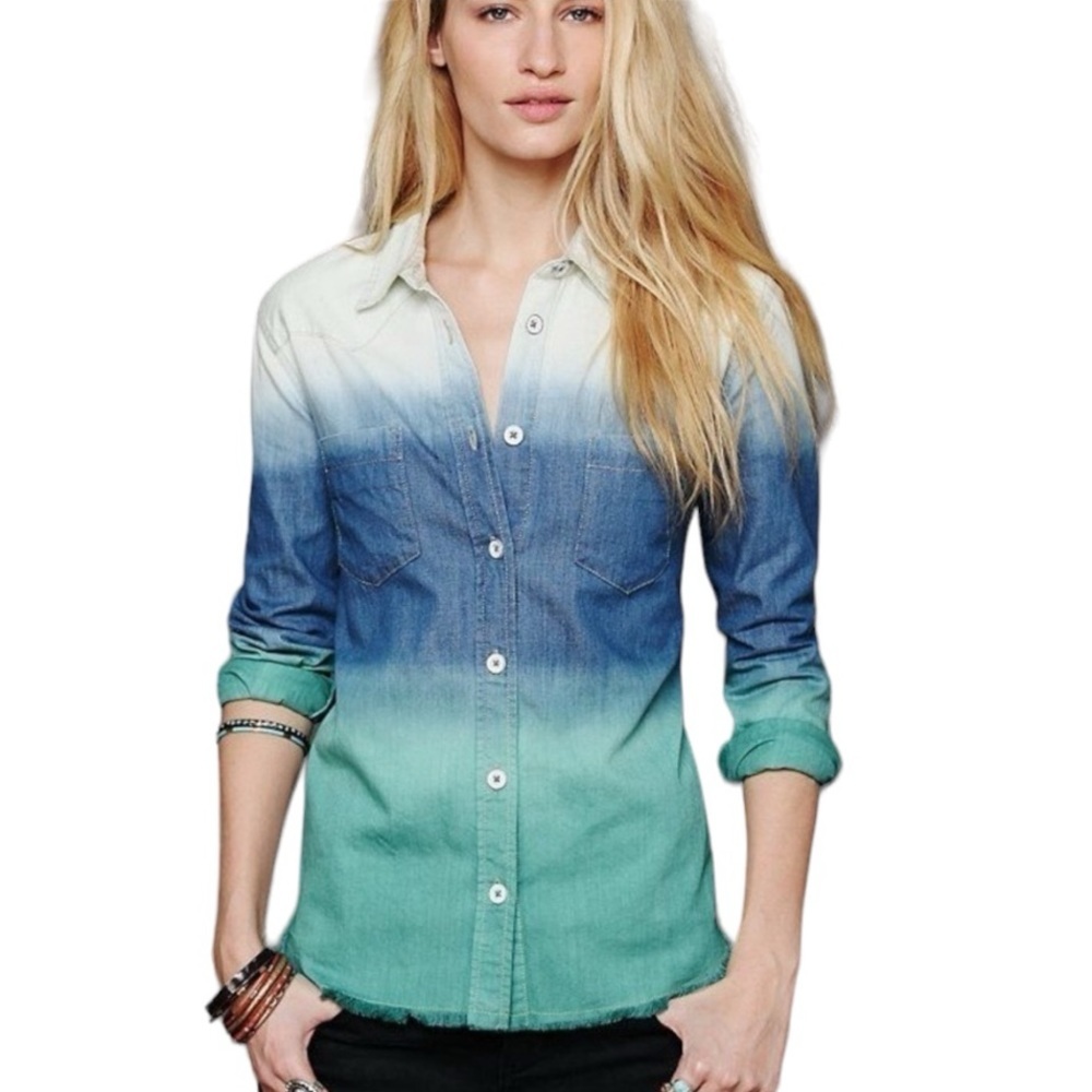 Free People Before Sunrise Ombré Button Down Shirt Blue/Green Size Small - Picture 3 of 13